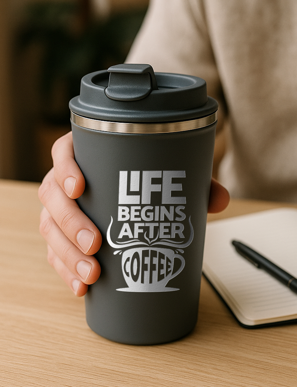 Nerezový termohrnček S012- Life begins after coffee