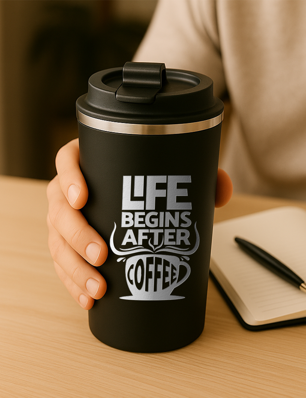 Nerezový termohrnček S012- Life begins after coffee