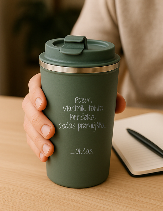 Nerezový termohrnček S012- Pozor, vlastník tohto hrčeka občas premýšľa ...občas