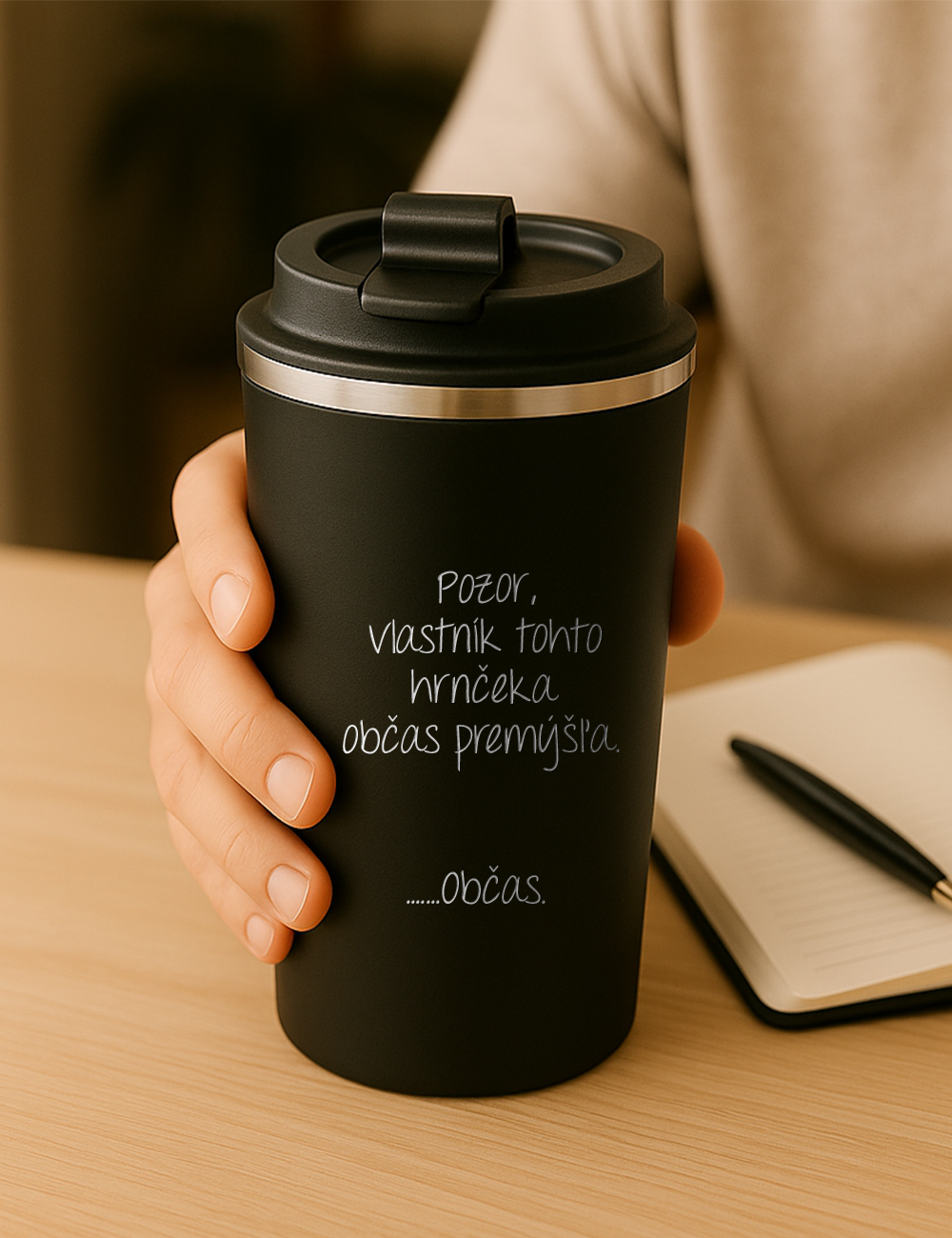 Nerezový termohrnček S012- Pozor, vlastník tohto hrčeka občas premýšľa ...občas