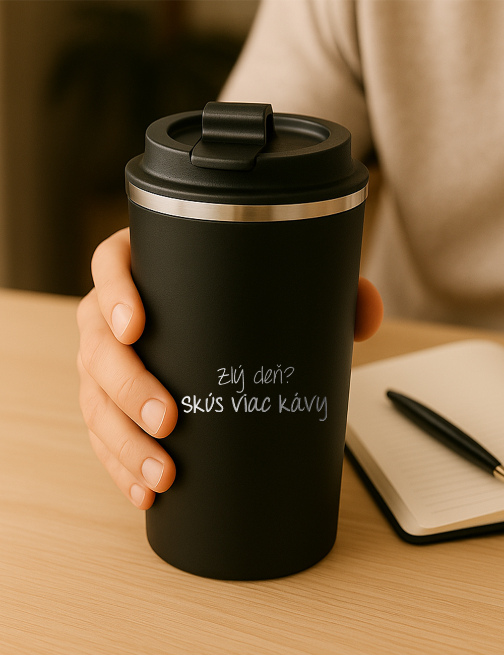 Nerezový termohrnček S012- Zlý deň? Skús viac kávy